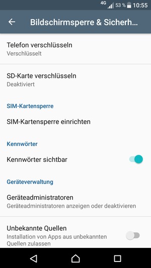 Um die PIN für die SIM-Karte zu wechseln, gehen Sie zum Bildschirmsperre & Sicherheit Menü zurück und scrollen Sie und wählen Sie SIM-Kartensperre einrichten
