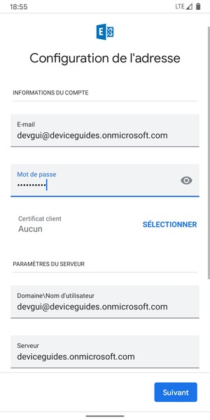 Saisissez votre Nom d'utilisateur et l'adresse du serveur Exchange. Sélectionnez Suivant