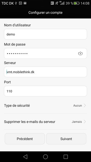Saisissez votre Nom d'utilisateur et l'adresse du serveur entrant. Sélectionnez Suivant