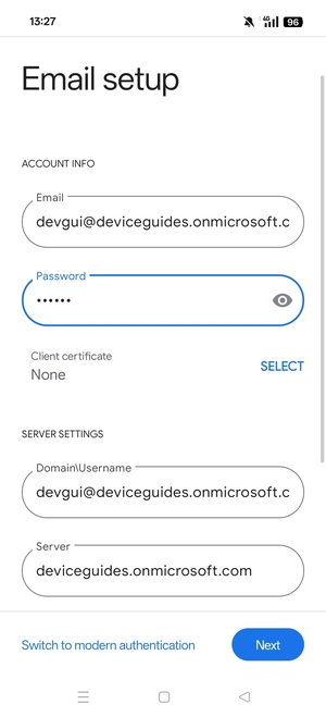 Enter Username and Exchange server address. Select Next