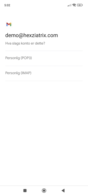 Velg Personlig (POP3) eller Personlig (IMAP)
