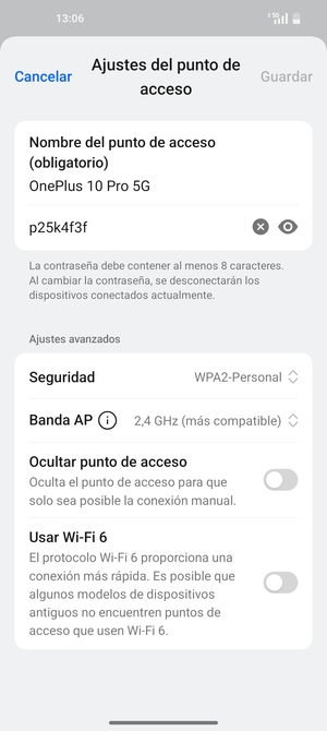 Introduzca una contraseña de punto de acceso Wi-Fi de al menos 8 caracteres y seleccione Guardar