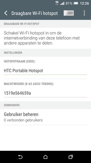 Voer een wachtwoord van ten minste 8 tekens in en schakel Draagbare Wi-Fi hotspot in