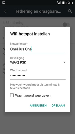 Voer een wachtwoord van een WiFi-hotspot in van ten minste 8 tekens en selecteer OPSLAAN