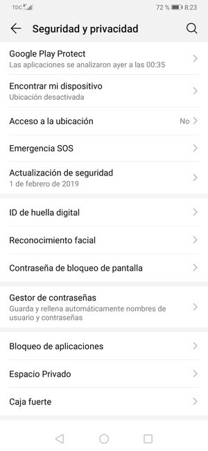 Para activar su bloqueo de pantalla, vaya al menú Seguridad y privacidad y seleccione Contraseña de bloqueo de pantalla