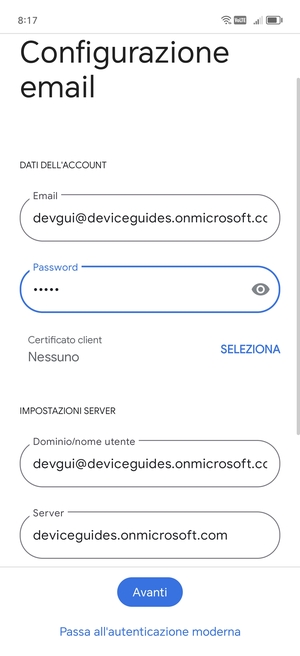 Inserisci Nome utente e l'indirizzo del server Exchange. Seleziona Avanti