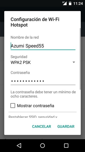 Introduzca una contraseña de punto de acceso Wi-Fi de al menos 8 caracteres y seleccione GUARDAR
