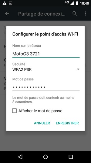 Saisissez un mot de passe de hotspot Wi-Fi d'au moins 8 caractères et sélectionnez ENREGISTRER