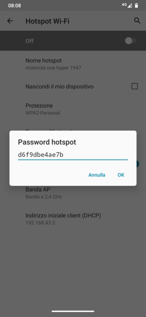 Inserisci una password dell'hotspot Wi-Fi di almeno 8 caratteri e seleziona OK