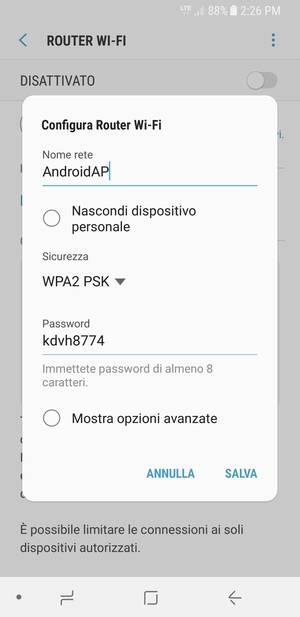 Inserisci una password di almeno 8 caratteri e seleziona SALVA