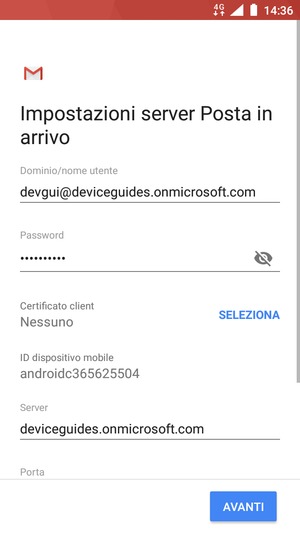 Inserisci Nome utente e l'indirizzo del server Exchange. Seleziona AVANTI