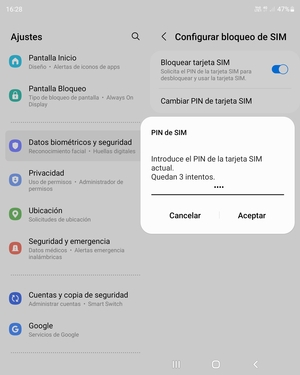 Introduzca su PIN de la tarjeta SIM actual y seleccione Aceptar