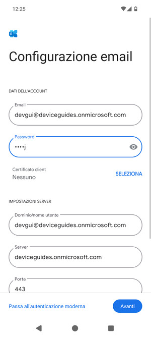 Inserisci Nome utente e l'indirizzo del server Exchange. Seleziona Avanti
