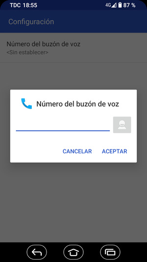 Introduzca el Número del buzón de voz y seleccione ACEPTAR