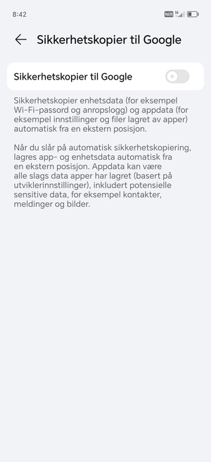 Slå på Sikkerhetskopier til Google