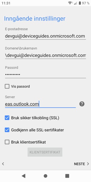 Skriv inn Brukernavn og Exchange serveradresse. Velg NESTE
