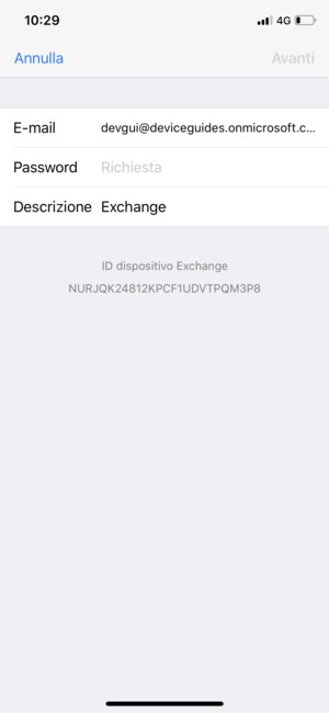 Inserisci informazioni email di Exchange e seleziona Avanti
