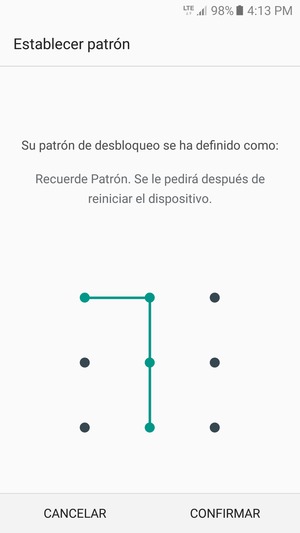 Dibuje de nuevo el patrón de desbloqueo y seleccione CONFIRMAR