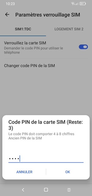 Saisissez votre Ancien code PIN de la SIM et sélectionnez OK