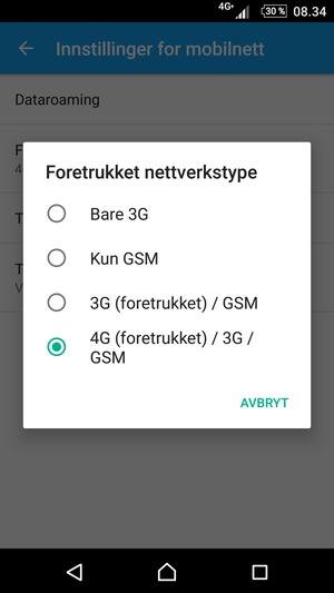 Velg Kun GSM for å aktivere 2G