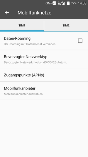 Wählen Sie SIM1 oder SIM2 und wählen Sie Bevorzugter Netzwerktyp
