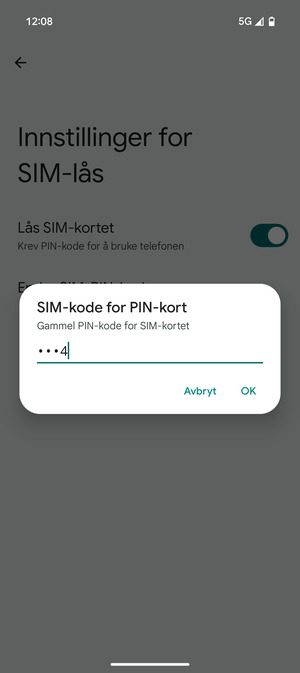 Skriv inn Gammel PIN-kode for SIM-kort og velg OK