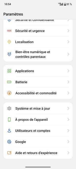 Faites défiler et sélectionnez Système et mise à jour