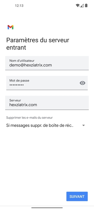 Saisissez votre Nom d'utilisateur et l'adresse du serveur entrant. Sélectionnez SUIVANT