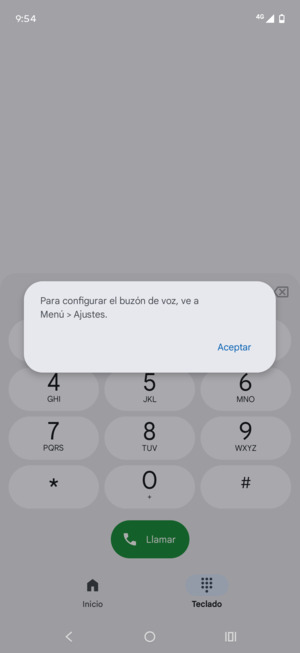 Si el correo de voz no está configurado, seleccione Aceptar