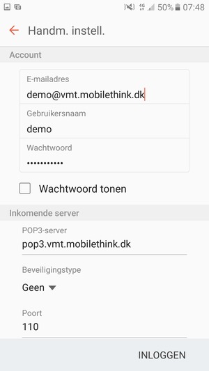 Voer Gebruikersnaam en binnenkomend serveradres in