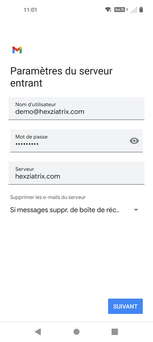 Saisissez votre Nom d'utilisateur et l'adresse du serveur entrant. Sélectionnez SUIVANT