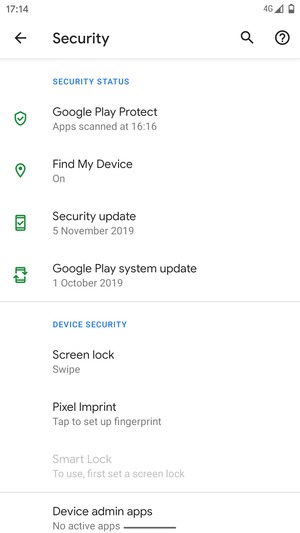 To activate your screen lock, go to the Security menu and select Screen lock