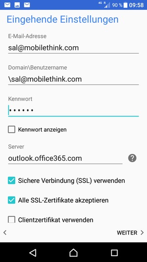Geben Sie Benutzername und Exchange Server-Adresse ein. Wählen Sie WEITER