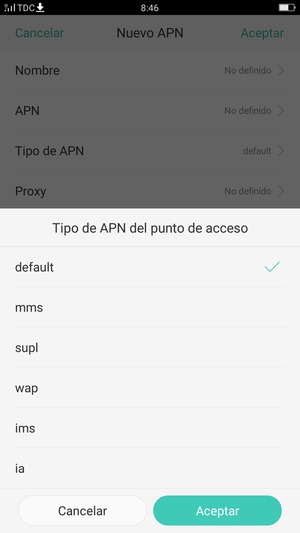 Seleccione default y Aceptar