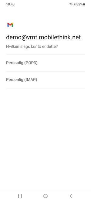 Vælg Personlig (POP3) eller Personlig (IMAP)