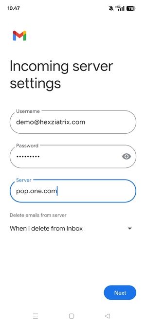 Enter Username and Incoming server address. Select Next