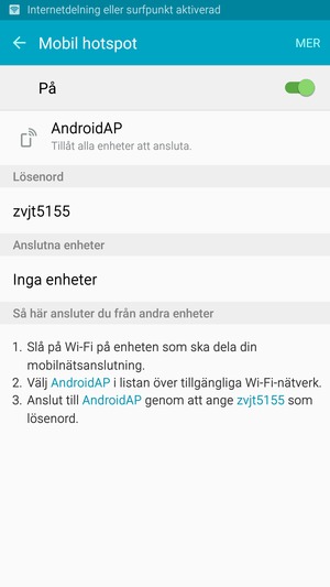 Din telefon har nu ställts in för att kunna användas som ett modem