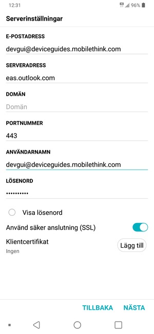 Ange Exchange-serveradress och ANVÄNDARNAMN. Välj NÄSTA