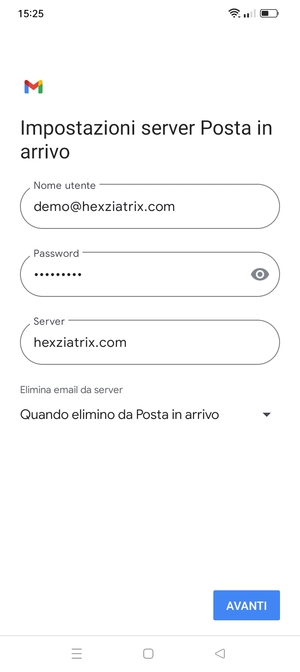 Inserisci Nome utente e l'indirizzo del server di posta in arrivo. Seleziona AVANTI