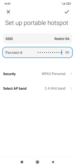 Enter a Wi-Fi hotspot password of at least 8 characters and select SAVE