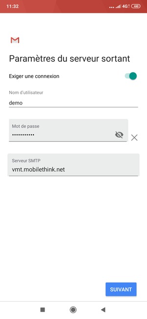 Saisissez l'adresse du serveur sortant