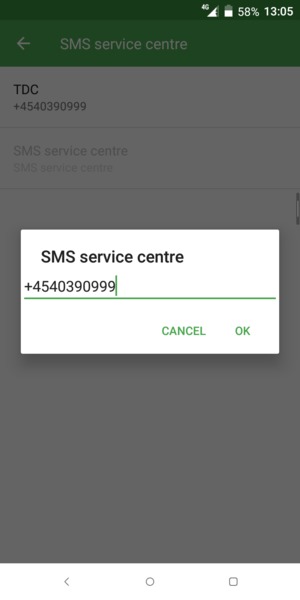 Enter the SMS service centre number and select OK