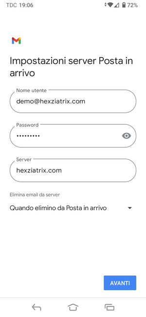Inserisci Nome utente e l'indirizzo del server di posta in arrivo. Seleziona AVANTI