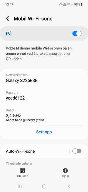 Telefonen din er konfigurert for bruk som et modem