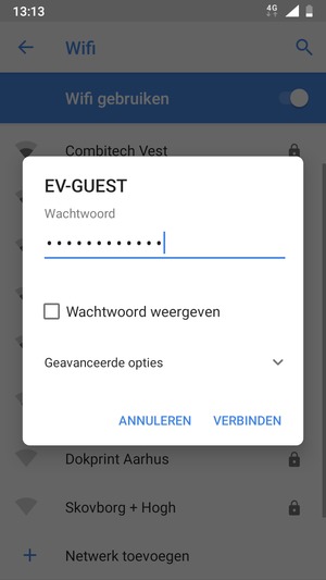 Voer het Wifi-wachtwoord in en selecteer VERBINDEN