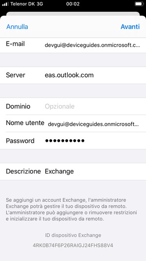 Inserisci informazioni email di Exchange e seleziona Avanti