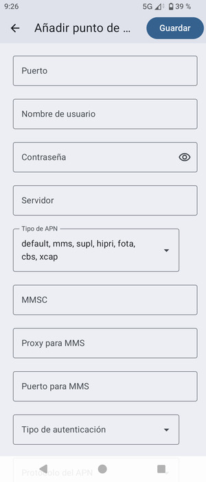 Desplácese y seleccione Tipo de APN