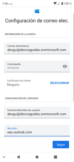 Introduzca Nombre de usuario y la dirección de servidor Exchange. Seleccione Seguir