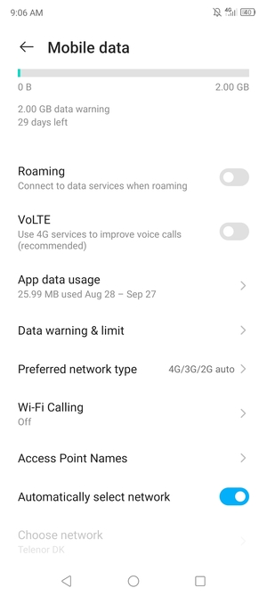 Scroll to and select Preferred network type