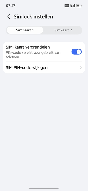 Selecteer Simkaart 1 of Simkaart 2 en selecteer SIM PIN-code wijzigen
